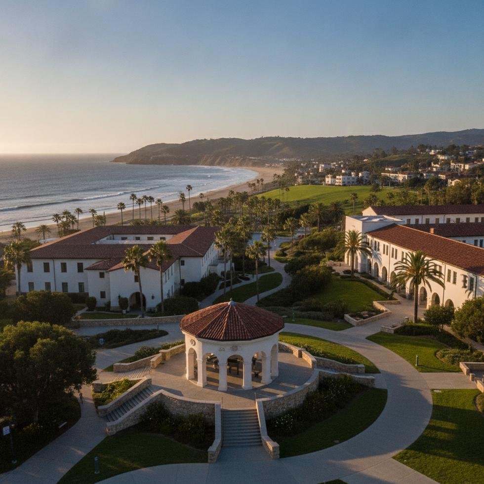 Pepperdine Üniversitesi Malibu kampüsü ve Pasifik Okyanusu manzarası
