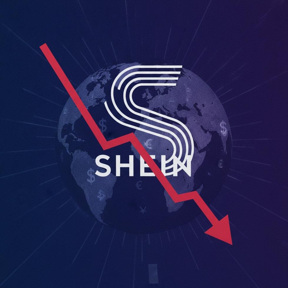 Shein şirket logosu ve düşen finansal grafikler