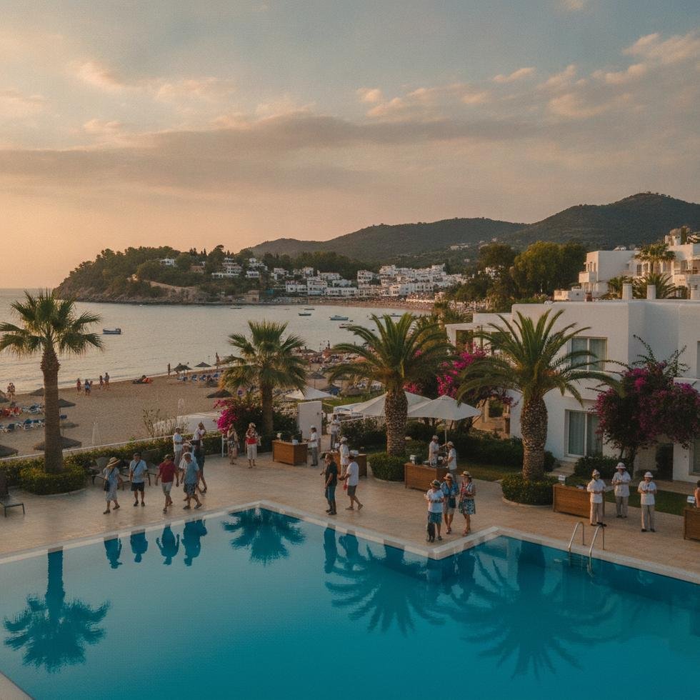 Turistlerle dolu bir tatil beldesi ve otel personeli.