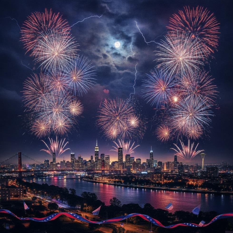 Fireworks display over an American city at night.