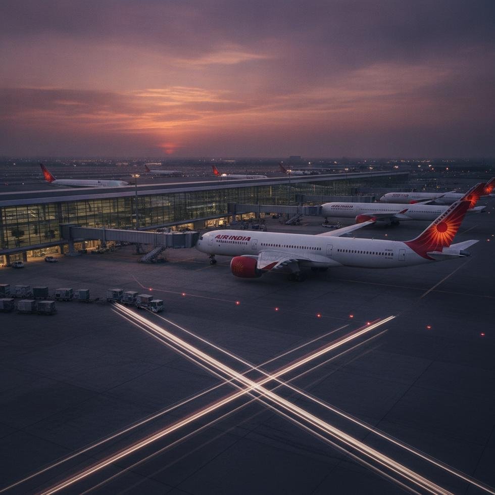 Air India uçaklarının bulunduğu modern bir havaalanı terminali