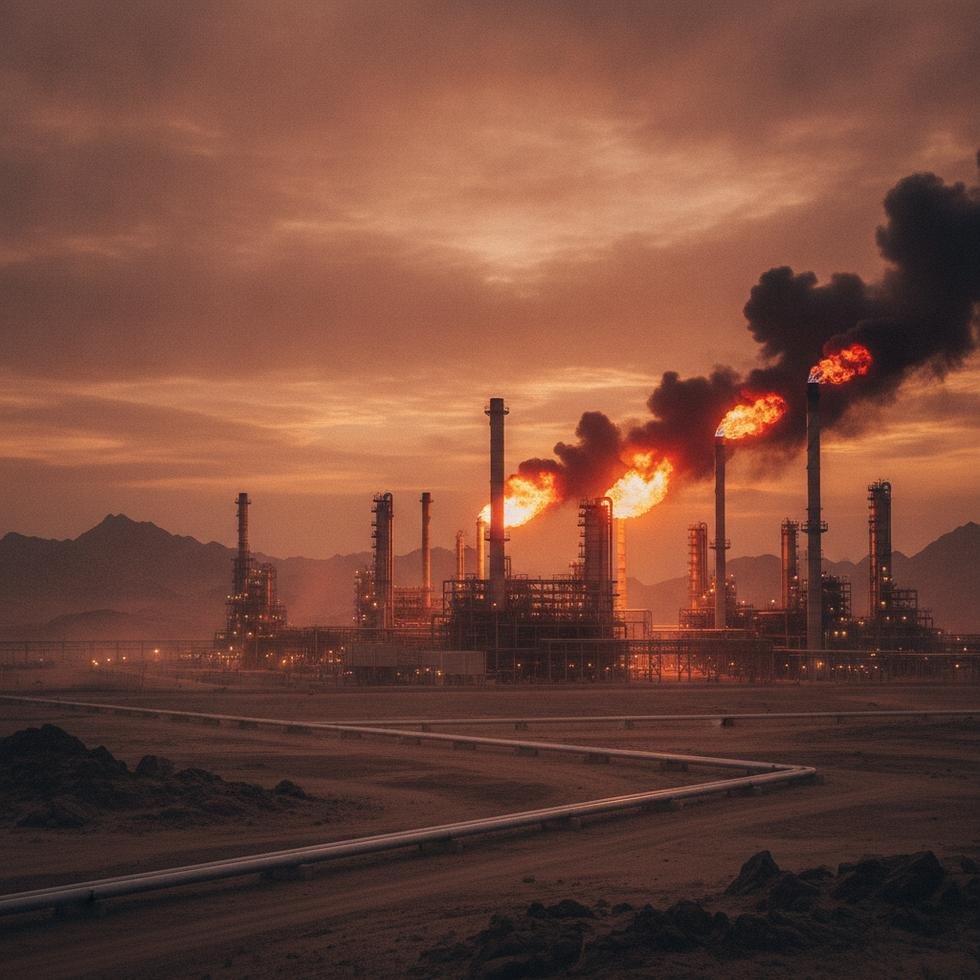 Duman ve alevlerle bir petrol rafinerisi