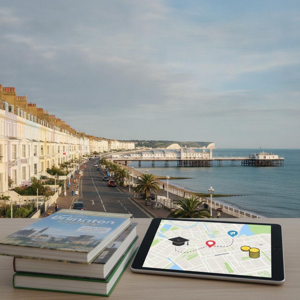 Brighton sahilinde öğrenciler ve dil okulu binaları