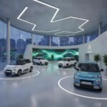 Modern bir showroomda sergilenen Citroën elektrikli araçları