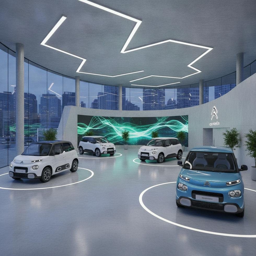 Modern bir showroomda sergilenen Citroën elektrikli araçları