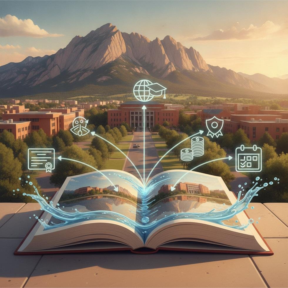 Colorado Boulder Üniversitesi kampüsü ve Rocky Mountains manzarası