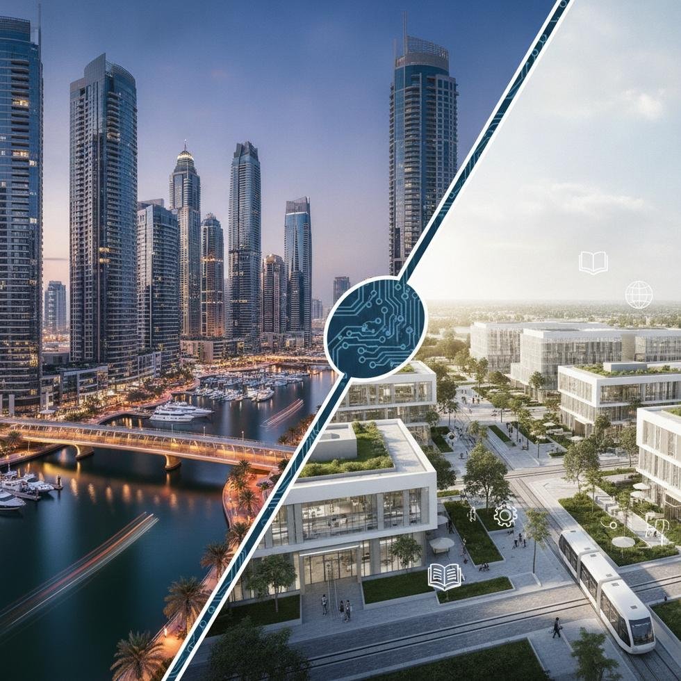Dubai Marina ve Knowledge Park bölgesinden genel görünüm ve eğitim alanları