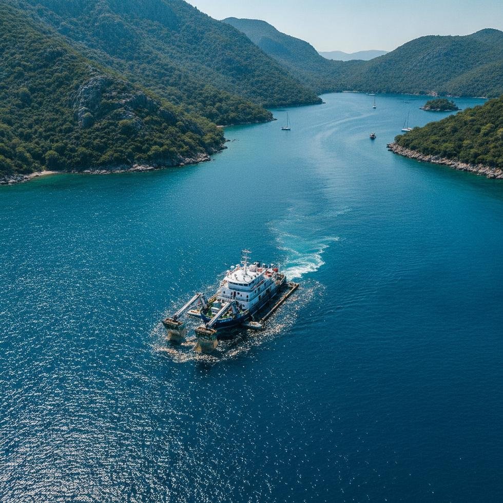 Fethiye Körfezi'nde temizlik yapan büyük gemi