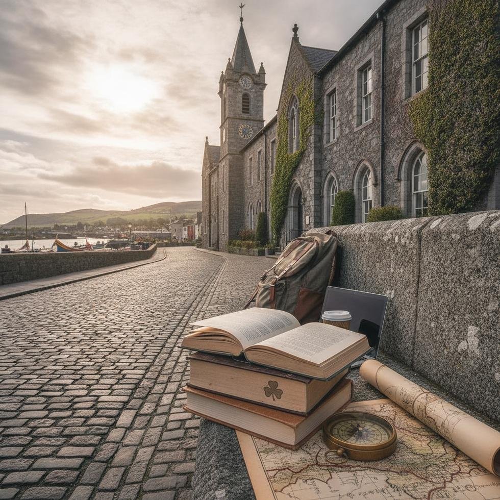 Galway'de dil okulu ve yaşam konusunu temsil eden şehir manzarası
