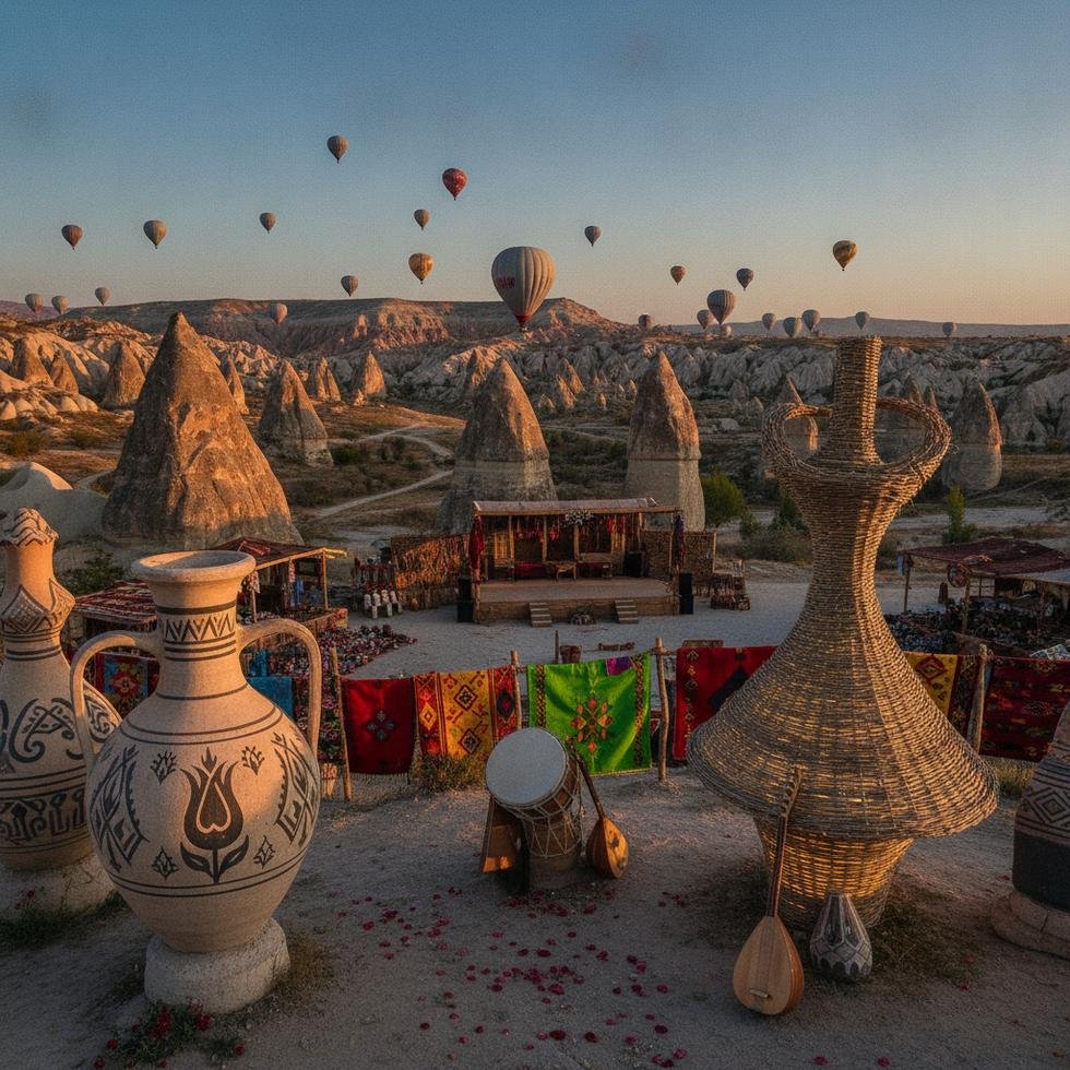 Kapadokya'da kültür festivalinde sıcak hava balonları ve sanat gösterileri