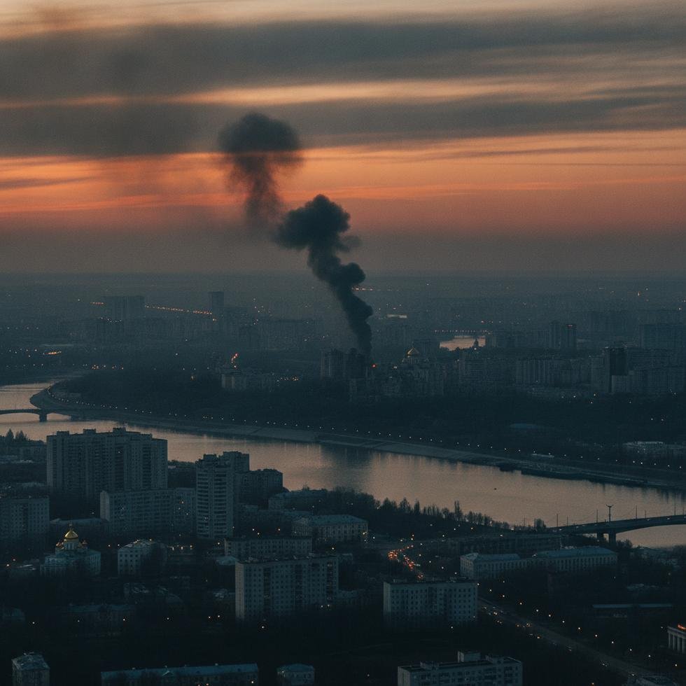 Kiev'de saldırı sonrası dumanlar yükselen binalar.