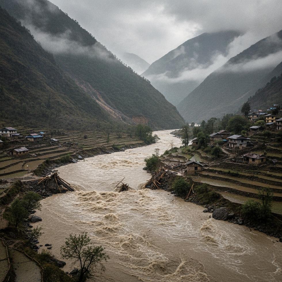 Nepal'de meydana gelen sel felaketi sonrası tahrip olmuş bir köy.