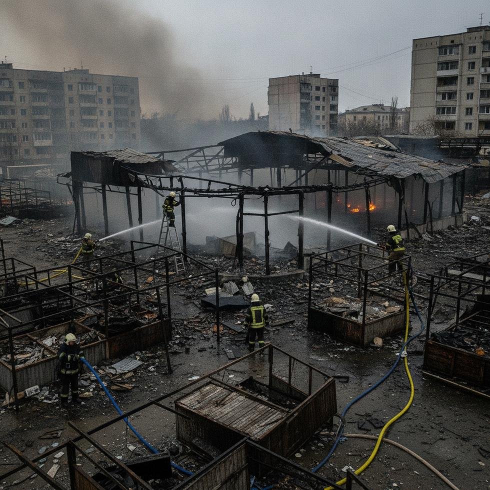 Kiev'de yangın çıkan bir pazar yeri