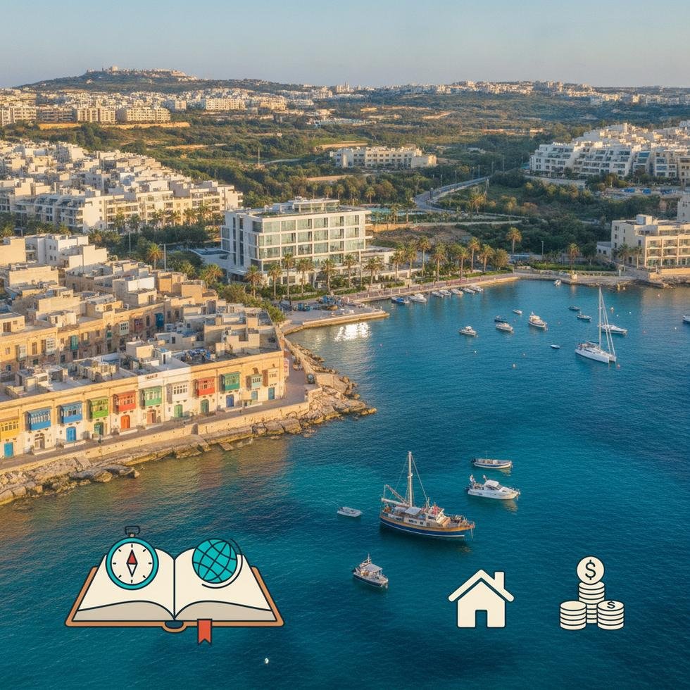 St. Julian’s Malta’da dil okulu binaları ve öğrenciler