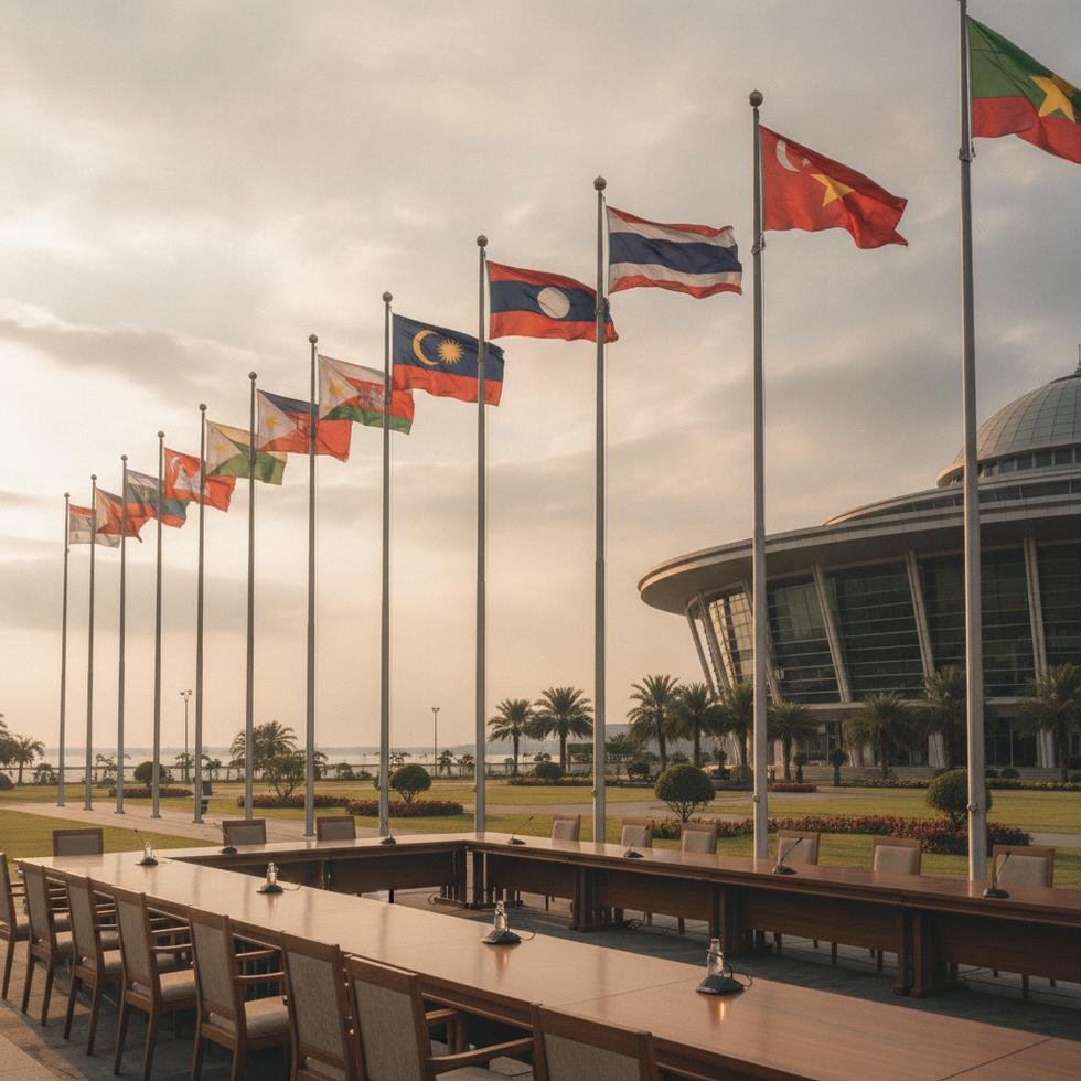ASEAN ülkelerinin bayrakları ve bir zirve toplantısı