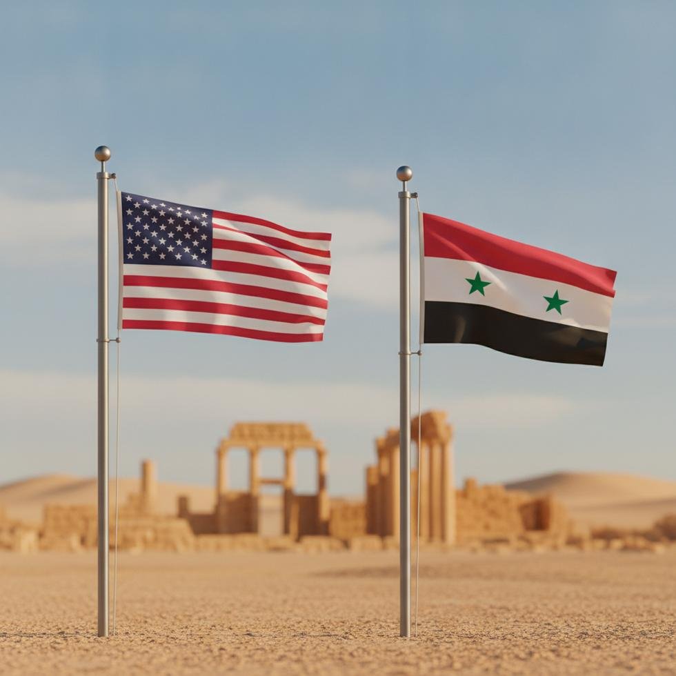 US and Syria flags together representing a diplomatic shift