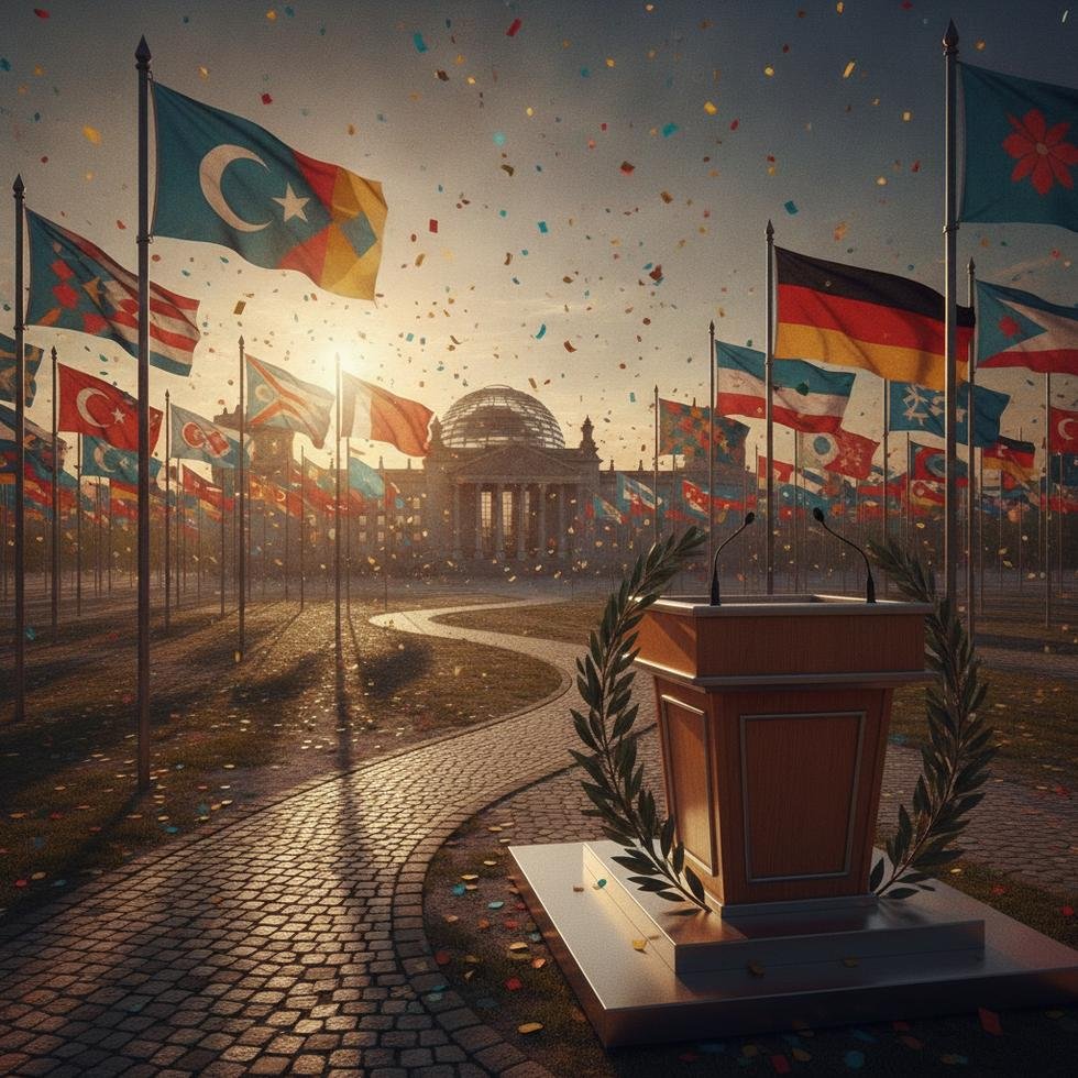 Berlin'deki siyasi mitingde toplanmış çeşitli bir kalabalık