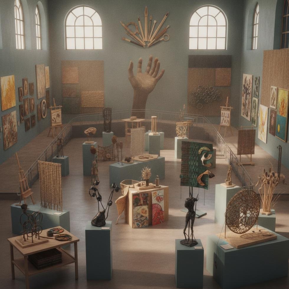 Engelli sanatçılar bir sanat galerisinde.