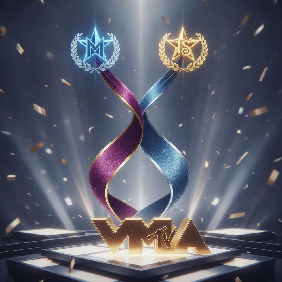 Madonna ve Taylor Swift, MTV VMAs sahnesinde ödül alırken.