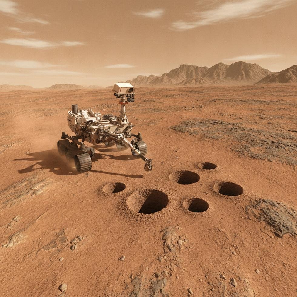 Curiosity rover on Mars surface with strange holes