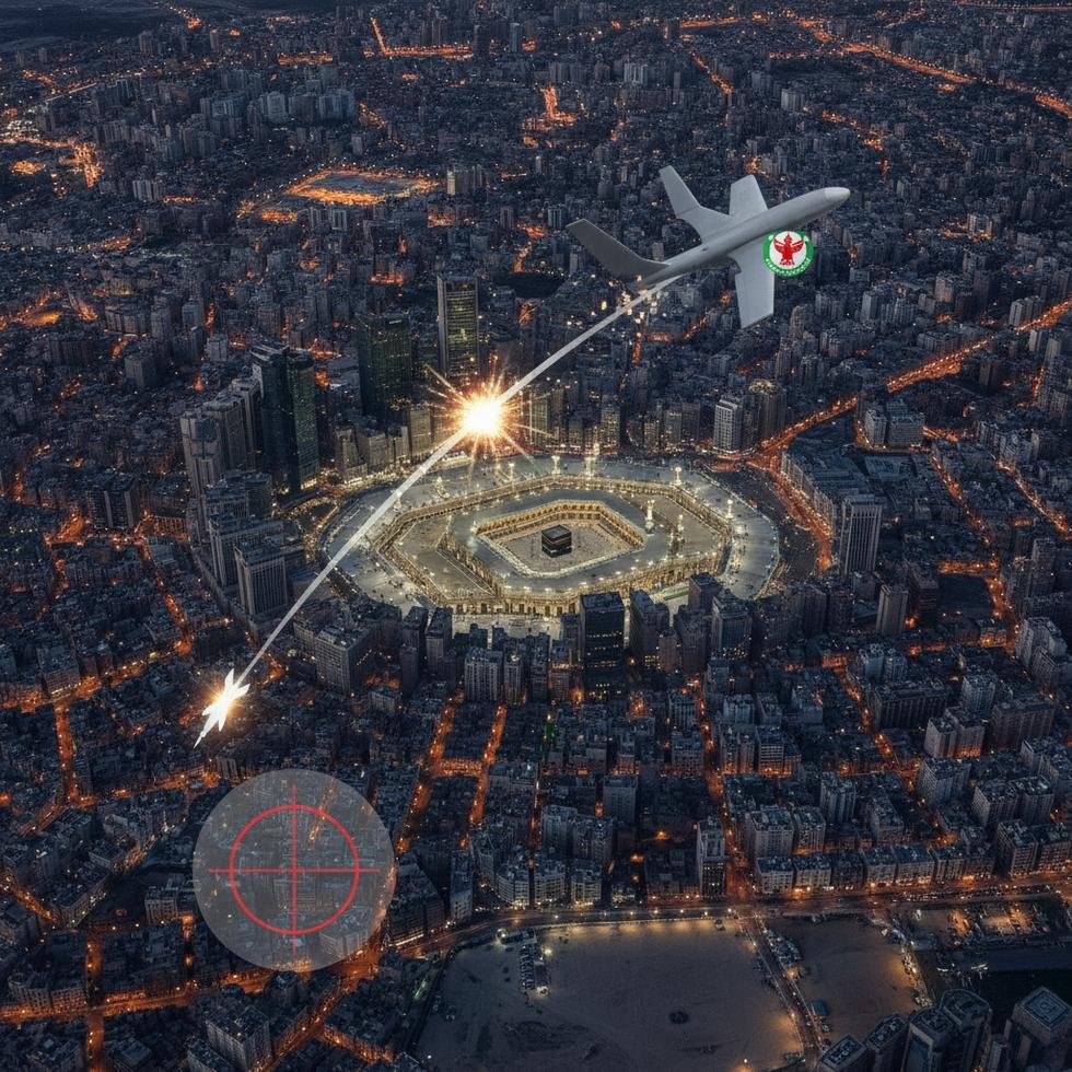 An aerial view of Mecca with a military drone intercept graphic overlaid
