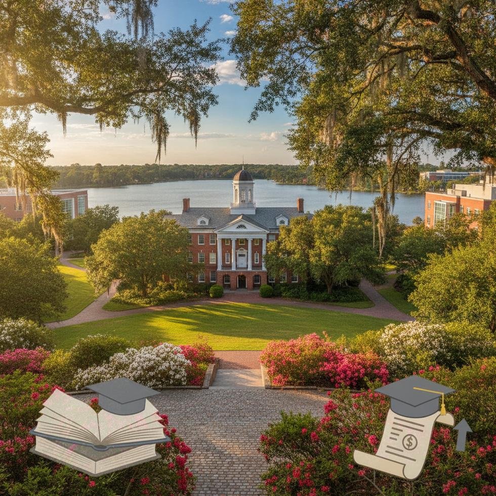 South Carolina Üniversitesi kampüs girişinde öğrenci logosu ve binalar