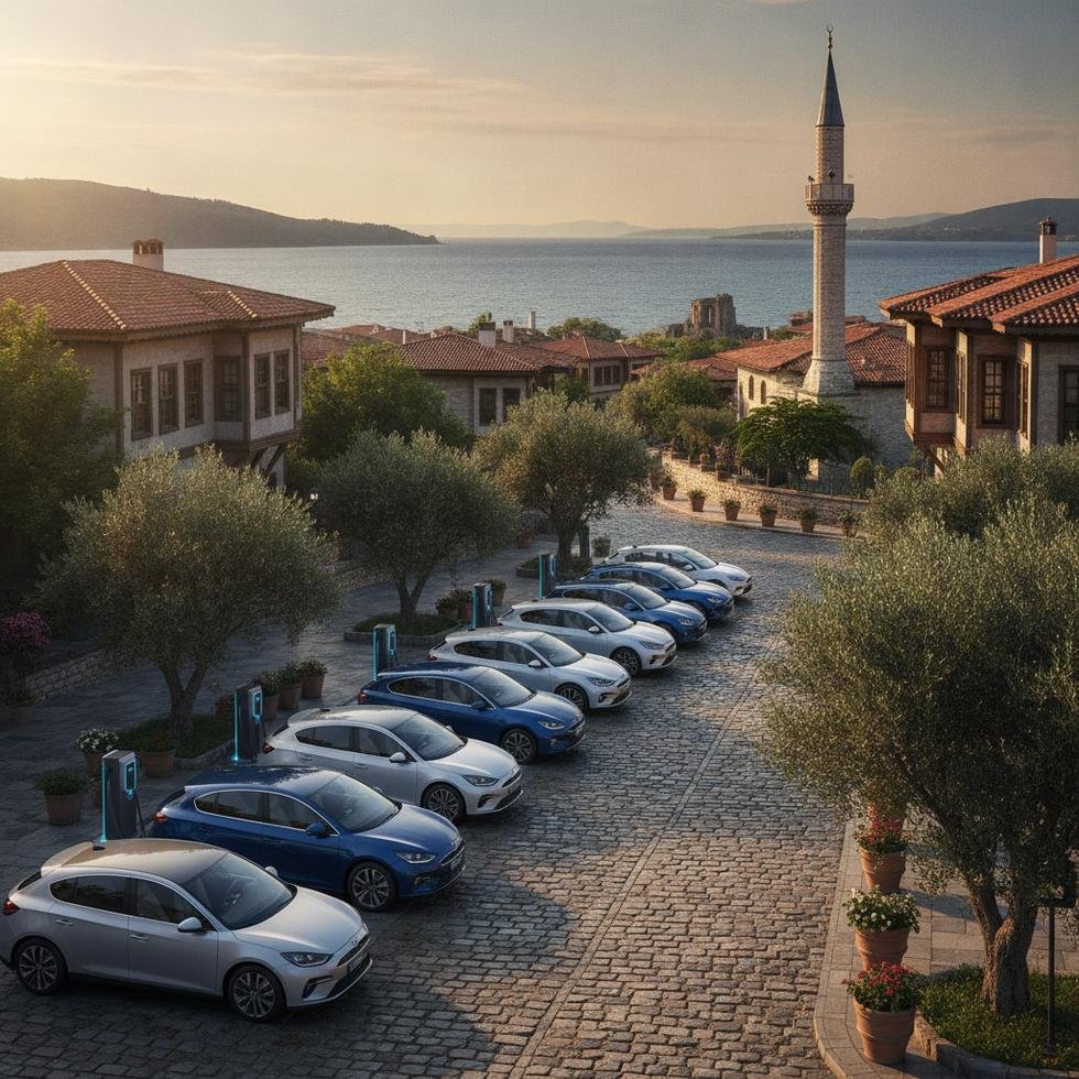 Elektrikli otomobiller bir Türk caddesinde