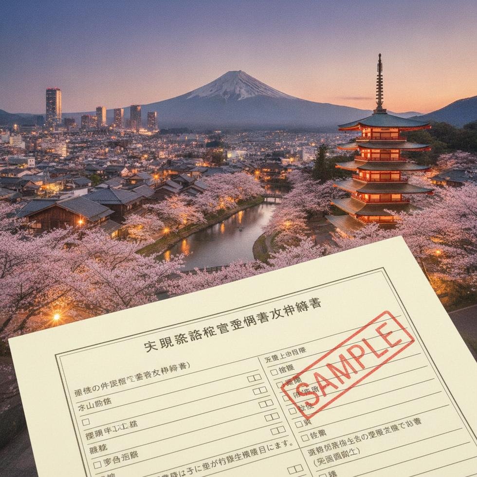 Japonya vize başvuru formu ve Japon şehir manzarası.